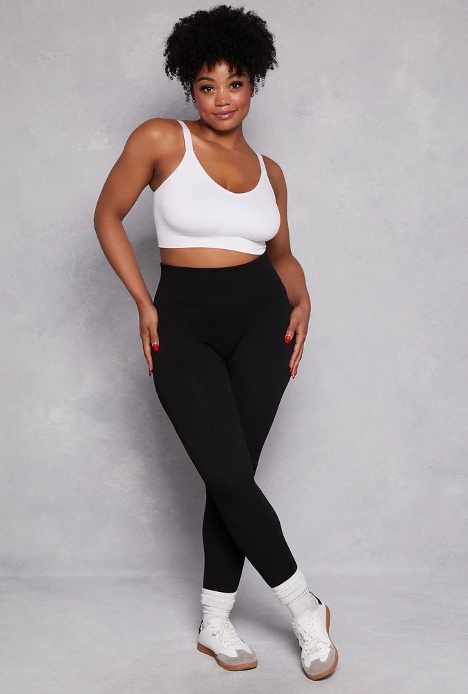 Womens Plus Size Seamless Rib Knit High Waisted Leggings, Black, Size 1X-2X