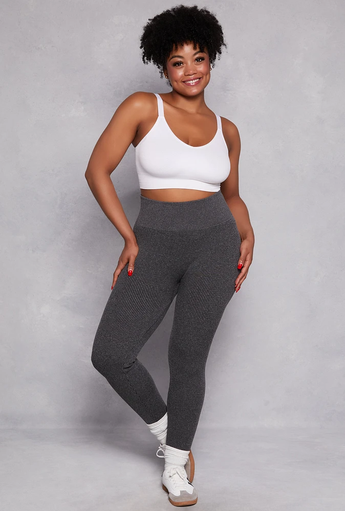 Womens Plus Size Seamless Rib Knit High Waisted Leggings, Grey, Size 1X-2X