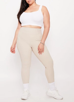 Womens Plus Size Ribbed Knit High Waist Leggings, Khaki, Size 2X