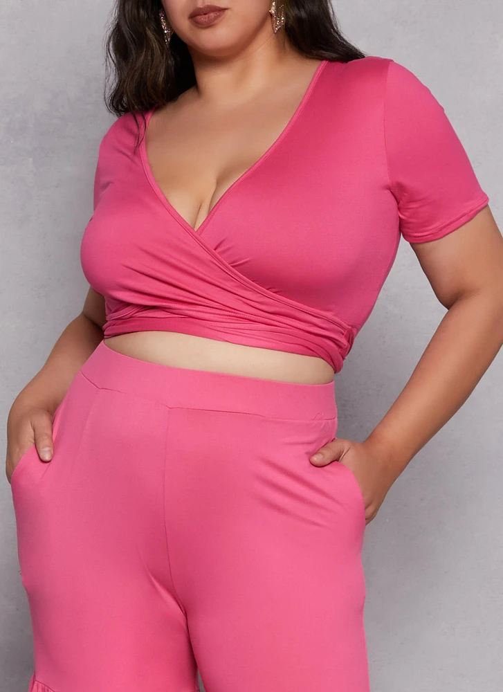 Womens Plus Size Cropped Wrap Top, Pink, Size 1X