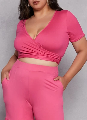 Womens Plus Size Cropped Wrap Top, Pink, Size 1X