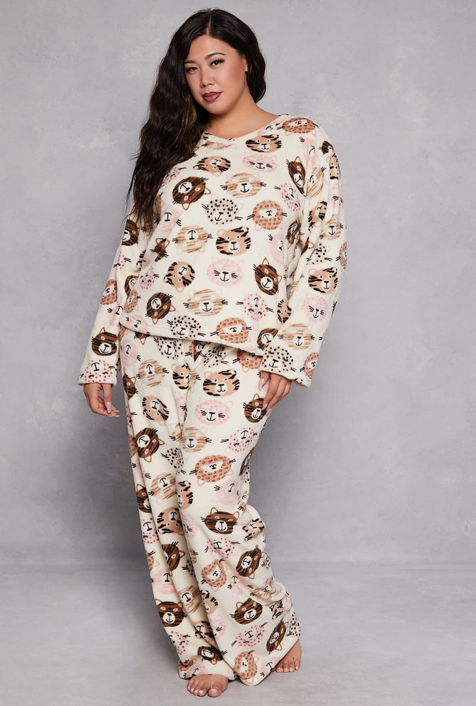 Womens Plus Size Plush Cat Print Pajama Top and Pants Set, Beige, Size 2X