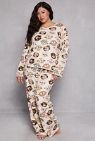 Womens Plus Size Plush Cat Print Pajama Top and Pants Set, Beige, Size 2X