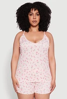 Womens Plus Size Rose Print Sleeveless Pajama Top and Shorts Set, Pink, Size 2X
