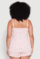 Womens Plus Size Rose Print Sleeveless Pajama Top and Shorts Set, Pink, Size 2X