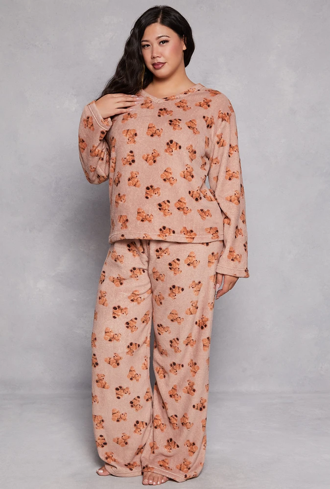 Womens Plus Size Teddy Bear Print Pajama Top and Pants Set, Beige, Size 1X