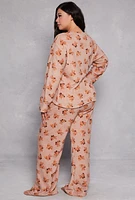 Womens Plus Size Teddy Bear Print Pajama Top and Pants Set, Beige, Size 1X