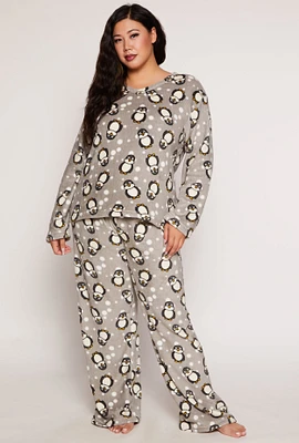 Womens Plus Size Penguin Print Pajama Top and Pants Set, Grey, Size 1X