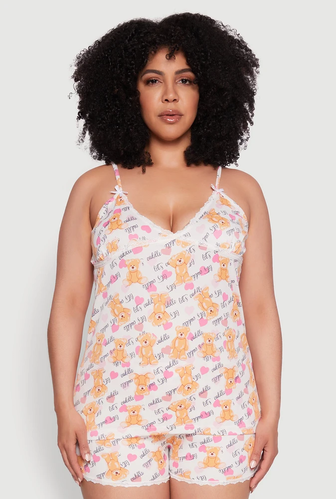 Womens Plus Size Lets Cuddle Graphic Sleeveless Pajama Top and Shorts Set, Multi, Size 1X