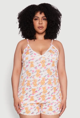 Womens Plus Size Lets Cuddle Graphic Sleeveless Pajama Top and Shorts Set, Multi, Size 1X