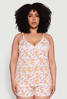 Womens Plus Size Lets Cuddle Graphic Sleeveless Pajama Top and Shorts Set, Multi, Size 1X
