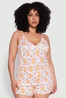 Womens Plus Size Lets Cuddle Graphic Sleeveless Pajama Top and Shorts Set, Multi, Size 1X