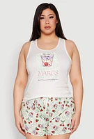Womens Plus Size Spicy Margs Racerback Pajama Tank Top and Shorts, White, Size 2X