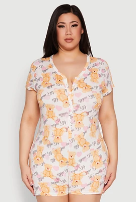 Womens Plus Cuddle Bear Graphic Pajama Romper, Multi,