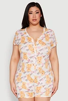Womens Plus Cuddle Bear Graphic Pajama Romper, Multi,
