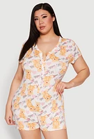 Womens Plus Cuddle Bear Graphic Pajama Romper, Multi,
