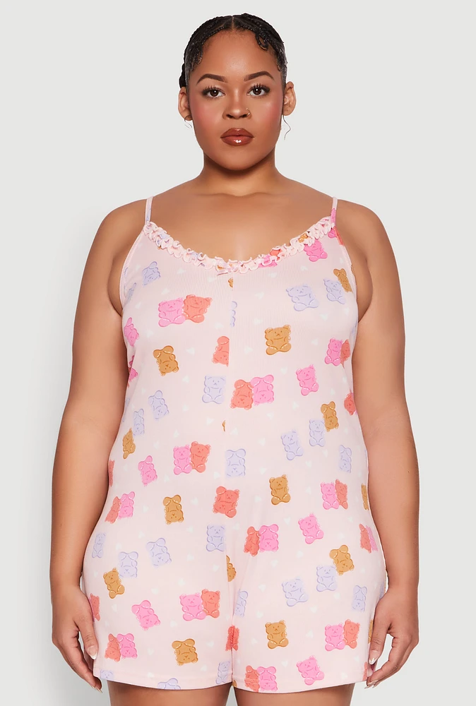 Womens Plus Size Gummy Bear Print Pajama Romper, Multi, Size 3X