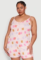 Womens Plus Size Gummy Bear Print Pajama Romper, Multi, Size 3X
