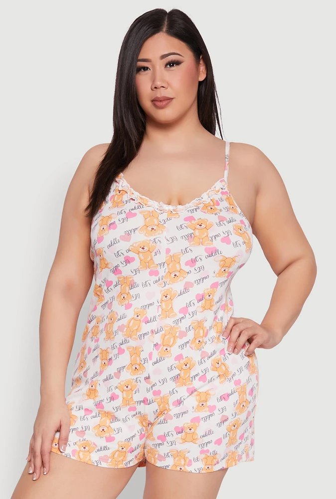 Womens Plus Size Lets Cuddle Teddy Bear Pajama Romper, Multi, Size 2X
