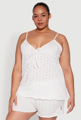 Womens Plus Eyelet Pajama Babydoll Cami and Shorts, White,