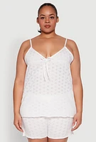 Womens Plus Eyelet Pajama Babydoll Cami and Shorts, White,