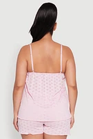 Womens Plus Size Eyelet Pajama Babydoll Cami and Shorts, Pink, Size 3X