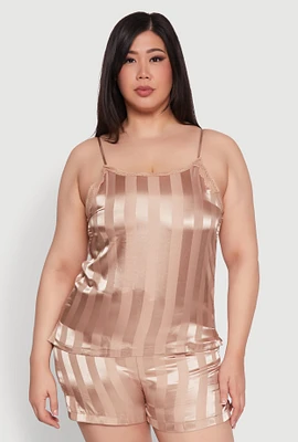 Womens Plus Satin Shadow Stripe Pajama Cami and Shorts, Beige,