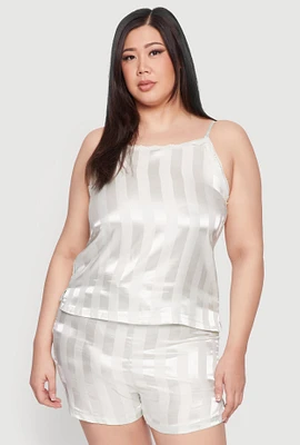Womens Plus Size Satin Shadow Stripe Pajama Cami and Shorts, White, Size 3X