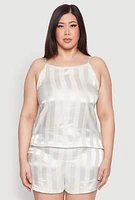 Womens Plus Size Satin Shadow Stripe Pajama Cami and Shorts, White, Size 3X