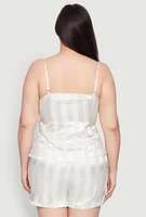 Womens Plus Size Satin Shadow Stripe Pajama Cami and Shorts, White, Size 3X
