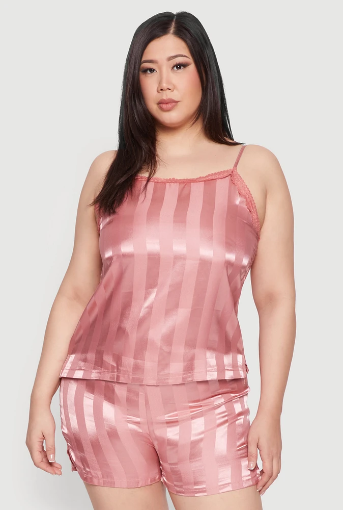 Womens Plus Size Satin Shadow Stripe Pajama Cami and Shorts, Pink, Size 1X