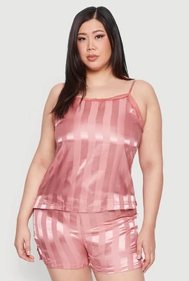 Womens Plus Size Satin Shadow Stripe Pajama Cami and Shorts, Pink, Size 1X