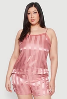 Womens Plus Size Satin Shadow Stripe Pajama Cami and Shorts, Pink, Size 1X