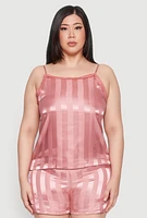 Womens Plus Size Satin Shadow Stripe Pajama Cami and Shorts, Pink, Size 1X