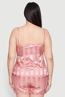 Womens Plus Size Satin Shadow Stripe Pajama Cami and Shorts, Pink, Size 1X