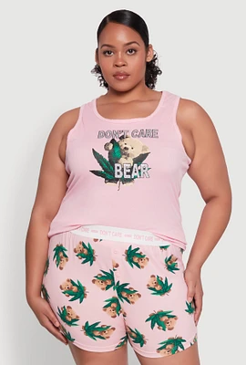 Womens Plus Size Dont Care Bear Graphic Pajama Tank Top and Shorts, Pink, Size 1X