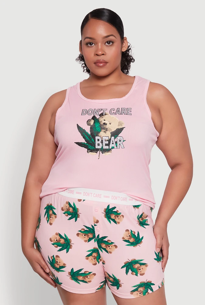 Womens Plus Dont Care Bear Graphic Pajama Tank Top and Shorts, Pink,
