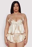Womens Plus Shadow Stripe Strappy Back Pajama Cami with Shorts, Beige,