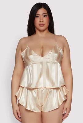 Womens Plus Size Shadow Stripe Strappy Back Pajama Cami with Shorts, Beige, Size 2X