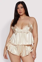 Womens Plus Shadow Stripe Strappy Back Pajama Cami with Shorts, Beige,