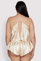 Womens Plus Shadow Stripe Strappy Back Pajama Cami with Shorts, Beige,