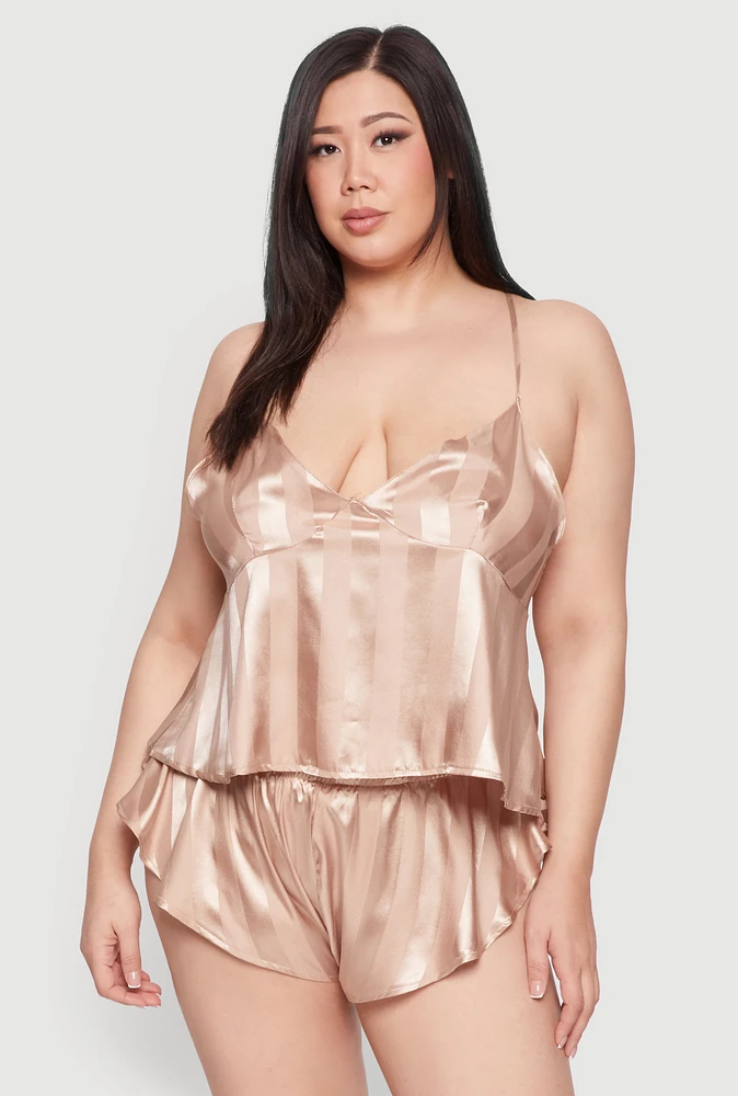 Womens Plus Shadow Stripe Strappy Back Pajama Cami with Shorts, Beige,