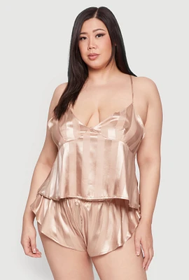 Womens Plus Shadow Stripe Strappy Back Pajama Cami with Shorts, Beige,