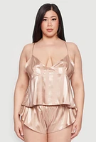 Womens Plus Shadow Stripe Strappy Back Pajama Cami with Shorts, Beige,