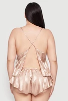 Womens Plus Shadow Stripe Strappy Back Pajama Cami with Shorts, Beige,