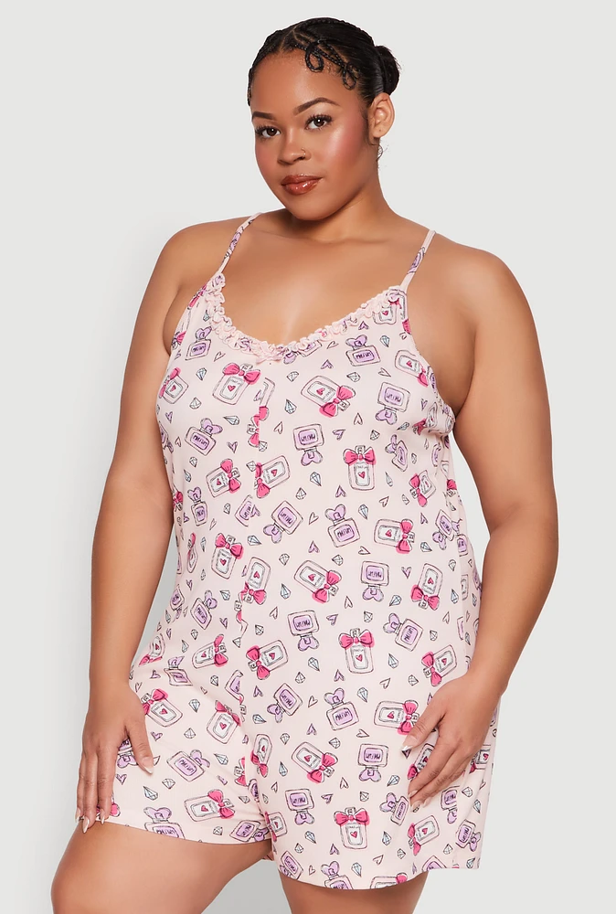 Womens Plus Size Perfume Bottle Print Pajama Romper, Multi, Size 2X