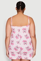 Womens Plus Size Checkered Cherry Graphic Pajama Romper, Pink, Size 2X