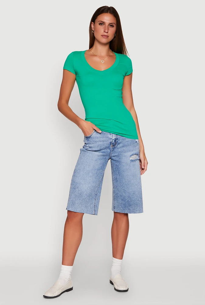 Womens V Neck Basic Short Sleeve Tee, Green, Size S
