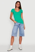 Womens V Neck Basic Short Sleeve Tee, Green, Size S