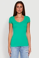 Womens V Neck Basic Short Sleeve Tee, Green, Size S